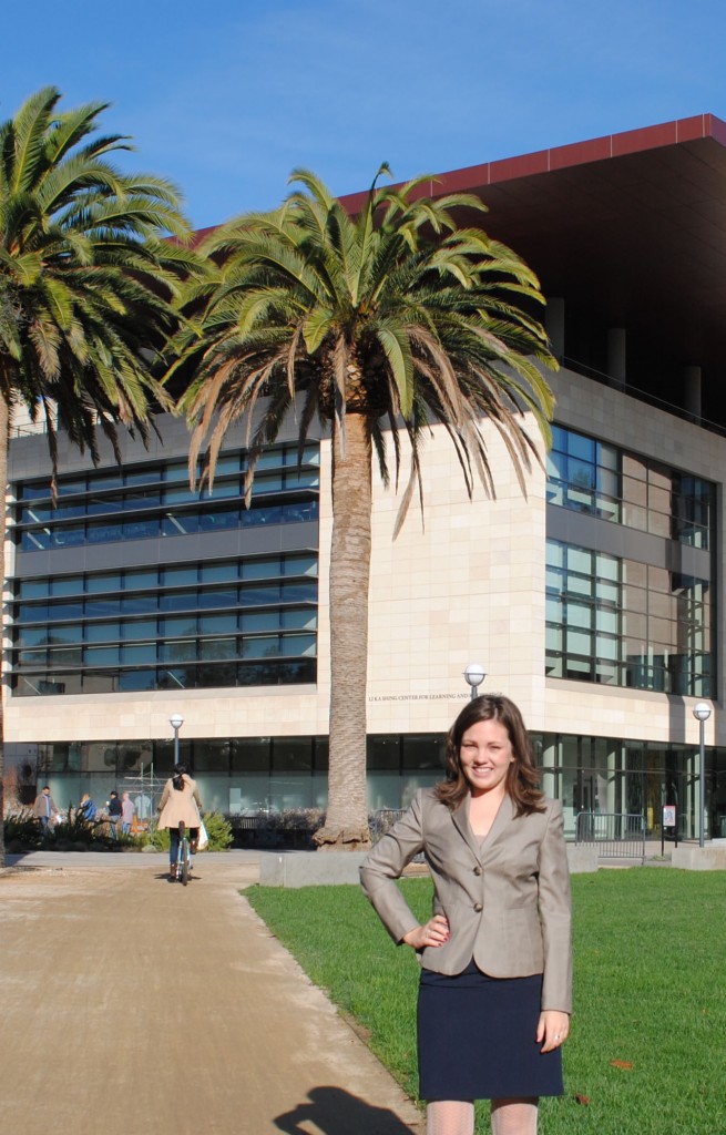 Broady standing outside the Li Ka Shing Center for Learning and Knowledge at Stanford University's School of Medicine.