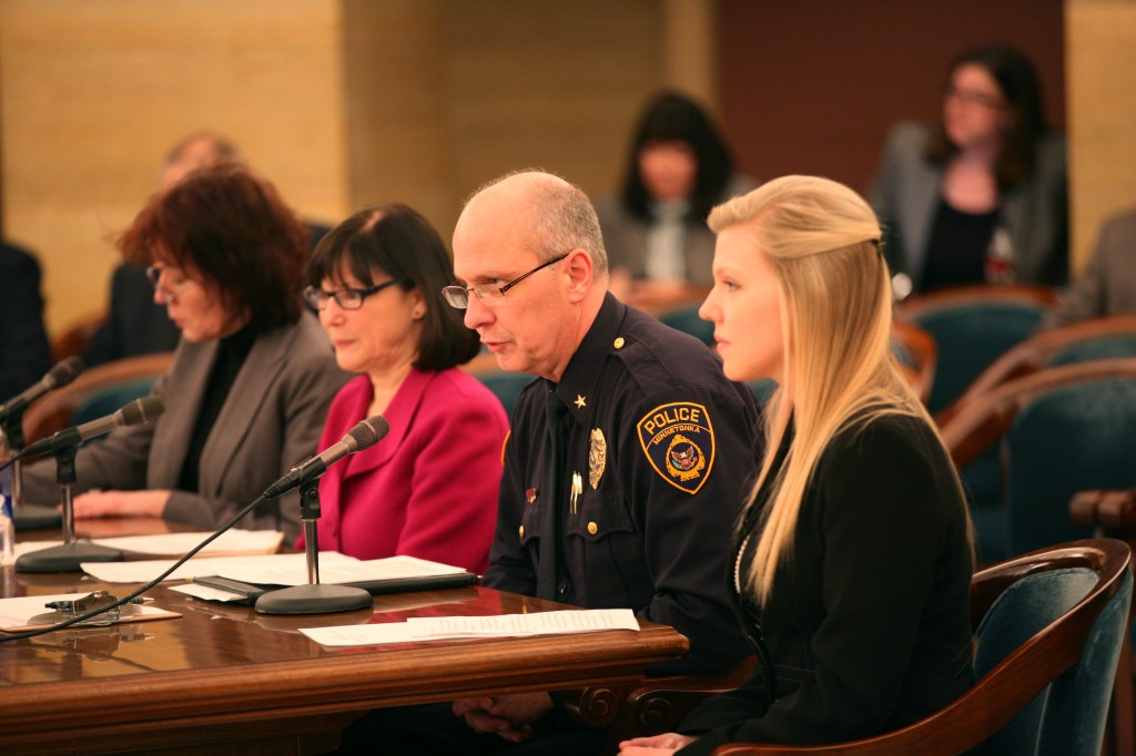 First-year student Paget Pengelly '16 (far right) testified at the Senate Transportation and Public Safety Committee Meeting along with Minnetonka Chief of Police Mark Raquet, Senator Terri Bonoff, and Tonka CARES director Imogen Davis (Photo by Matt Thomas '00)