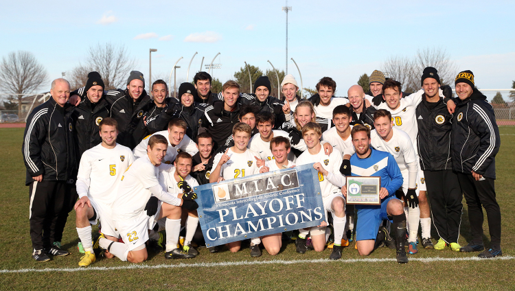 The Gustavus men's soccer team after its 2-0 victory over St. John's on Saturday. 