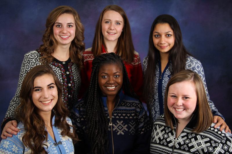 The 2014 St. Lucia Court. Front row: Sarah Barnes, Janet Jennings, and Laura Swenson. Back row: Rachel Hain, Kendyl Landeck and Sharon Singh. 