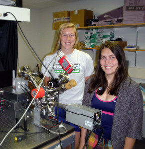 Mikaela Algren '17 and Grace Kerber '17 in Professor Jessie Petricka's ion trapping lab. 