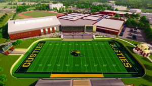 An exterior rendering of the proposed Lund Center expansion and renovation project looking east over Hollingsworth Field.