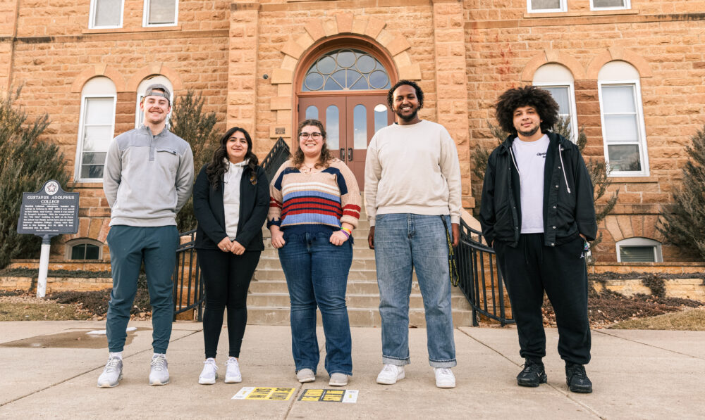 These high-achieving students represent a variety of majors, student orgs, home places, and favorite professors. What they all have in common is that they are all first-generation college students succeeding in moving forward with their dreams at Gustavus. Left to right: Connor Wiberg ’25, Lupe Olague ’25, Torii Nienow ’24, Mukhtar Osman ’24, Brandon Hicks ’25.