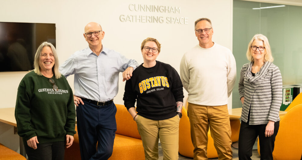 Gustavus Adolphus College first-generation college students and faculty and staff. Left to right: Lisa Dembouski, Education; Tim Kennedy ’82, Marketing and Communication; KP Pauly, Admission; Eric Elias, Biology; Pamela Kittelson, Biology